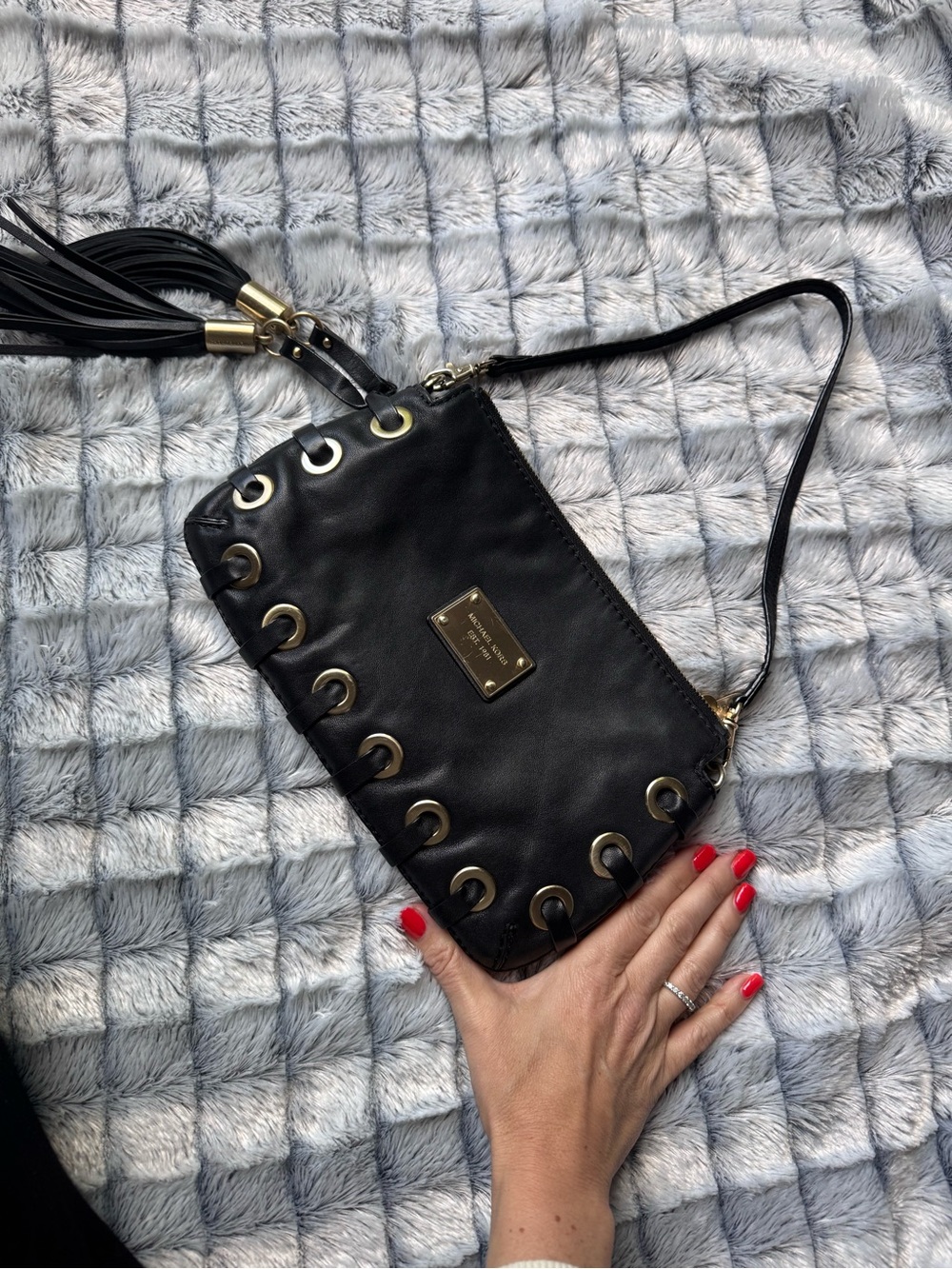 Michael Kors Black Leather Wristlet with Gold Eyelet Detail